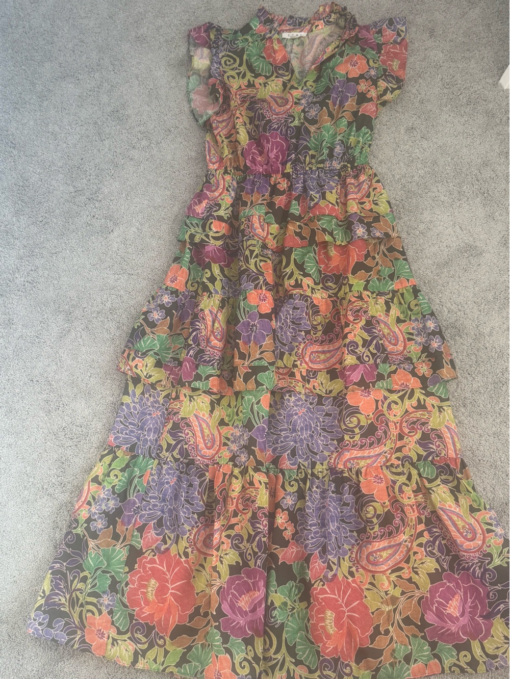 THML Black Multi-Color Floral Paisley Tiered Maxi Dress tropical purple pink med